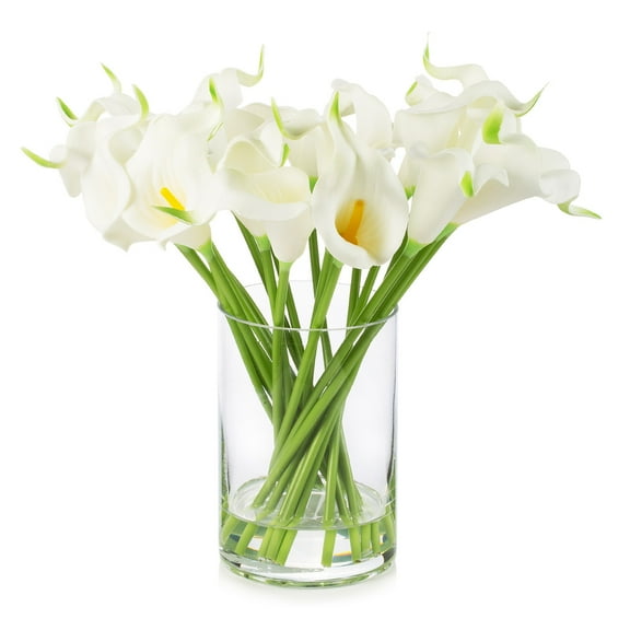 Enova Home 20 Pieces Artificial Real Touch Lily Flower Arrangement in Clear Cylinder Glass Vase with Faux Water (White Green)