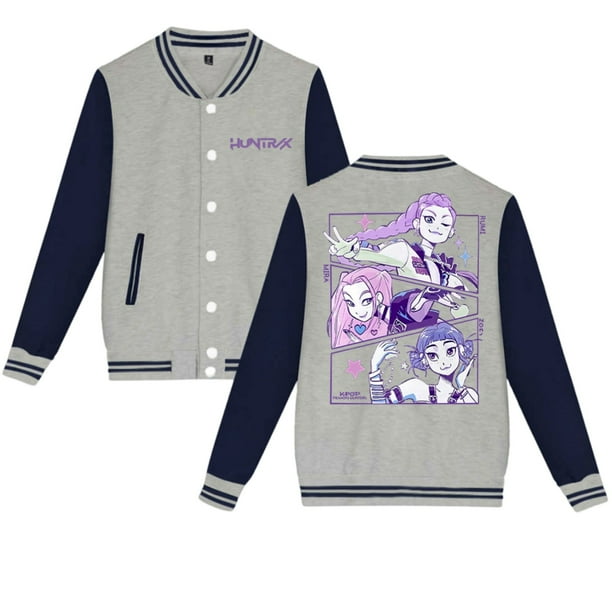 Moonsky K/P0p Dem 0n Hunters Fashion Women's Baseball Jacket Contrast Color Cardigan Jacket Spring and Autumn Teen Boys & Girls Baseball Uniforms Womens& Mens Baseball Jacket (Gris XS)