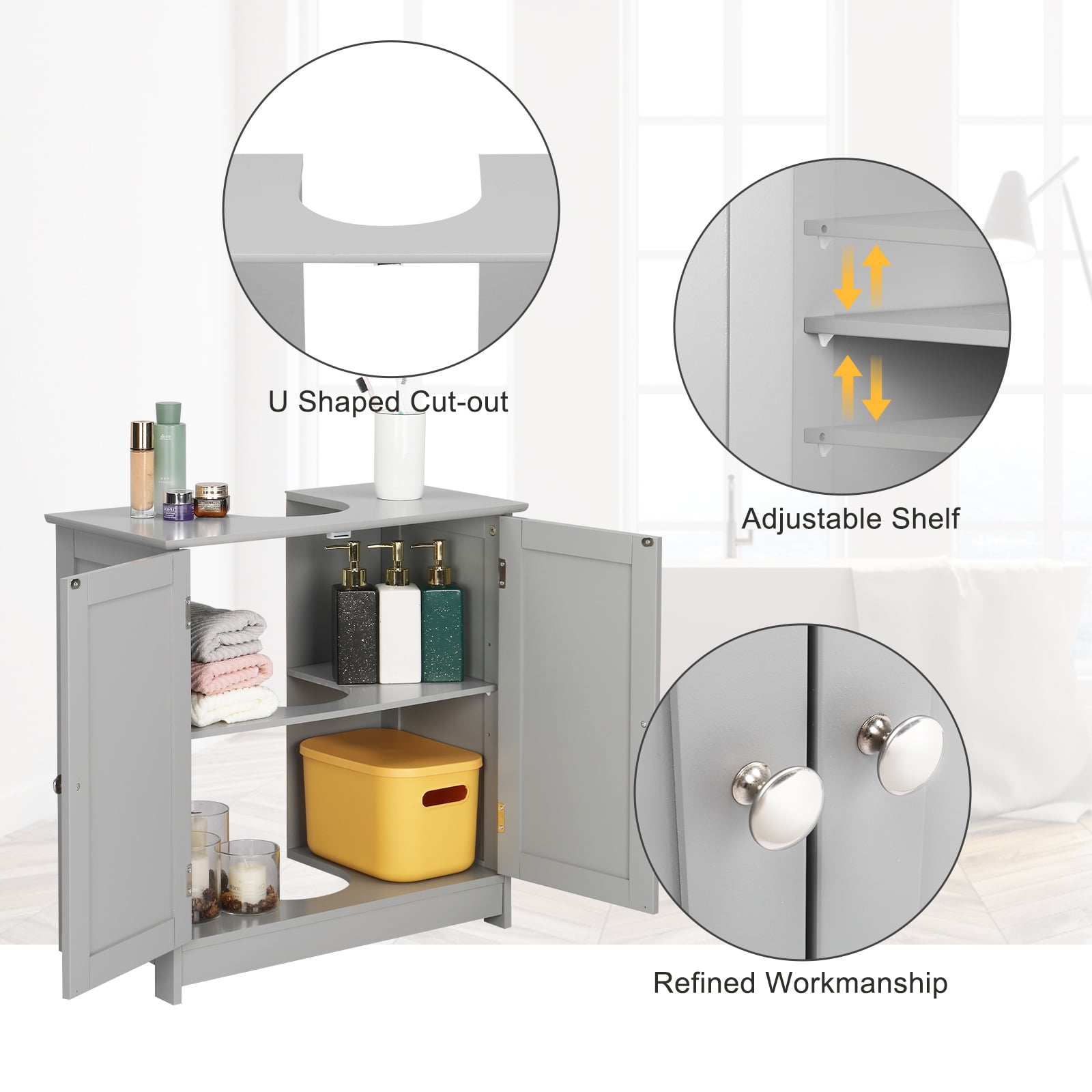 VINGLI Bathroom Sink Cabinet Gray Pedestal Sink Storage Vanity Organizer with 2 Doors Adjustable Shelf Small Under Sink Unit Space Saver 23.6" x 11.8"x 23.6"