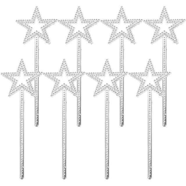 12 varitas mágicas de hada con forma de estrella para disfraces de niñas, ideales para fiestas de cumpleaños, bodas, Halloween, cosplay y Navidad (plateadas/22 mm).