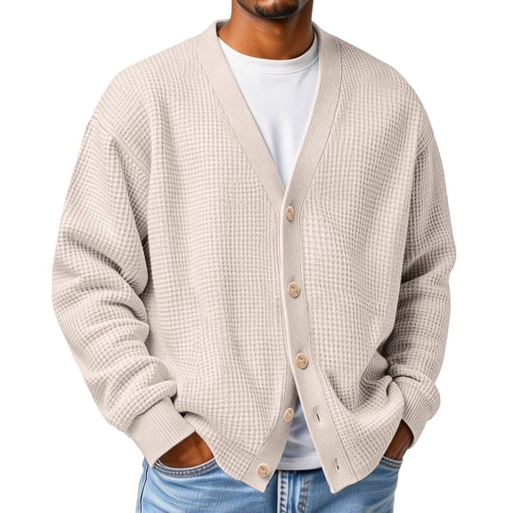 Lumtrix Mens Cardigan Sweater Waffle Knit Long Sleeve Cardigan Open Front Lightweight Casual Button Down Cardigan Loose V Neck Sweater Beige S