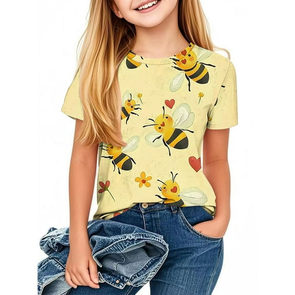 MKOSPLRT Summer Bee Shirts for Girl 3-14 Years Short Sleeve Bee Graphic T Shirts Crew Neck Cute Tops Funny Inspirational Casual Tees Tops