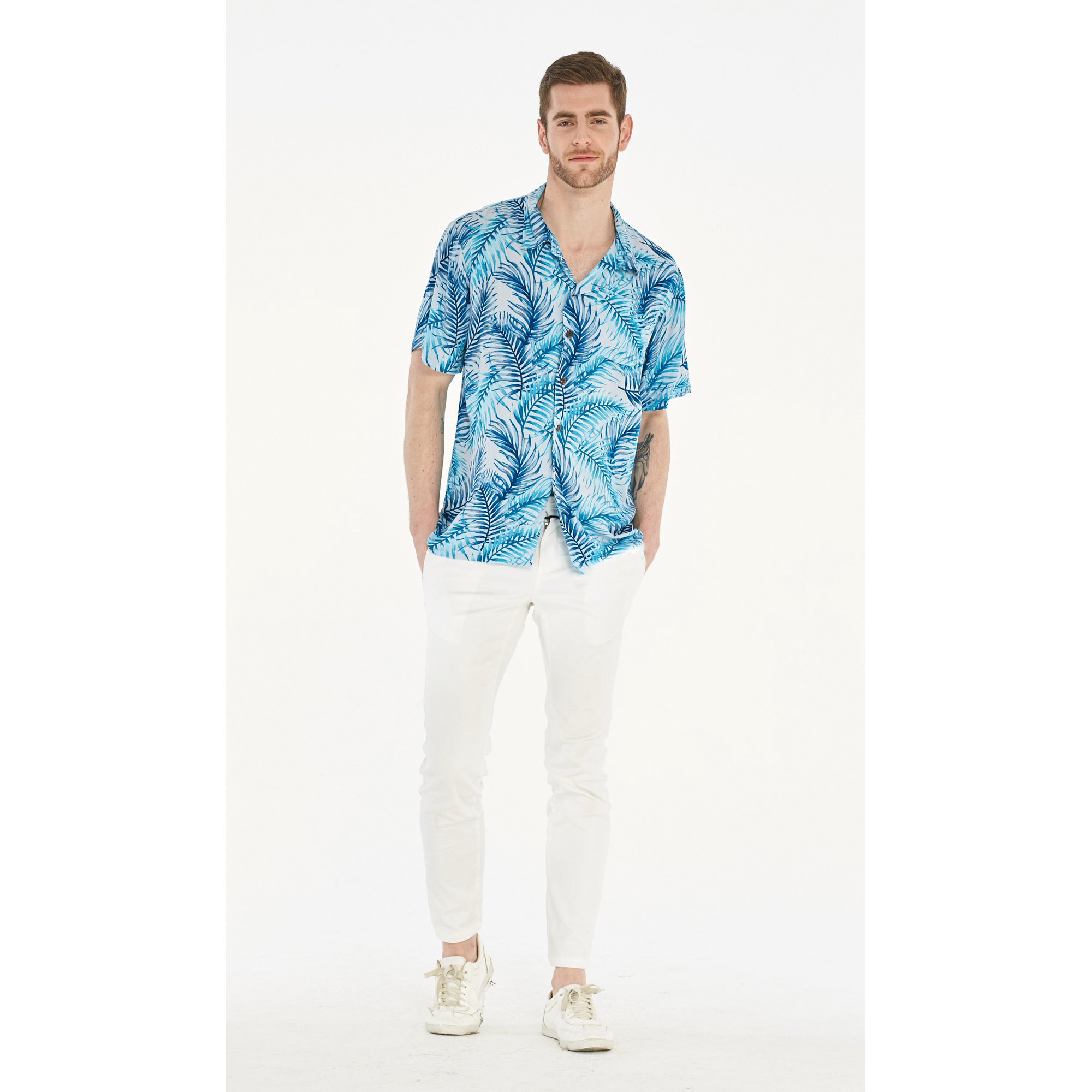 Hawaii Hangover Men's Hawaiian Shirt - 100% Rayon Aloha Shirt With Palm Leaf Print In White