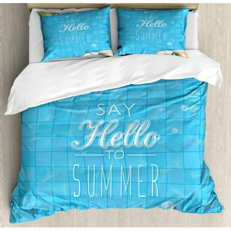 Hello Summer King Size Duvet Cover Set, Top View of Swimming Pool with Clean Water Flip Flops and Flippers Fun Holiday, Decorative 3 Piece Bedding Set with 2 Pillow Shams, Multicolor, by