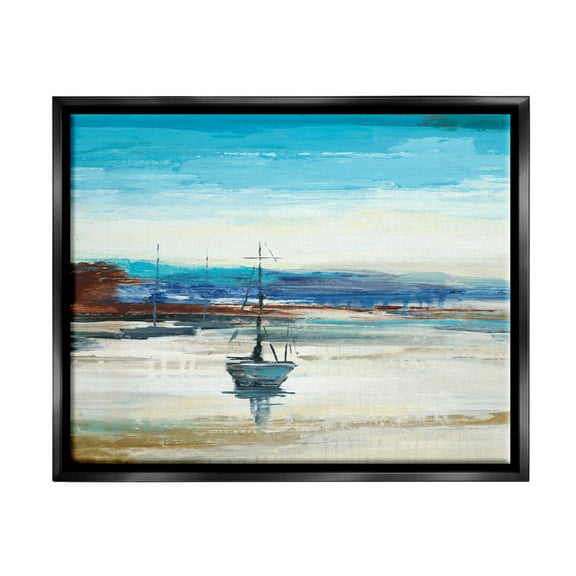 Abstract Boat Sea Reflection Coastal Painting Jet Black Framed Art Print Wall Art