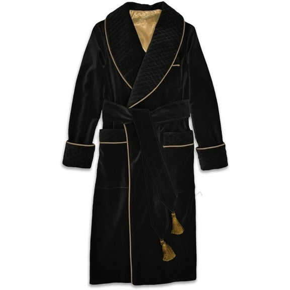 Men Black Velvet Smoking Jacket Men Gentlemen Black Quilted Vintgae Silk Warm Luxury Robe Gifts 