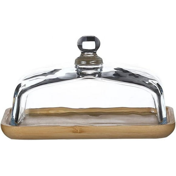 Zshan 1 piece（Wood color、18X12X10CM ）Butter Dish with Glass Lid- Clear Butter Tray for Refrigerator& Counter for Butter, Block of Cream Cheese& Serving Dish