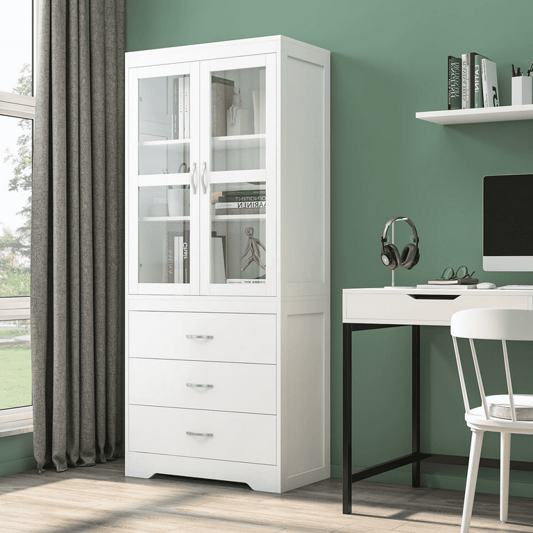 Homfa 66.5'' Tall Kitchen Pantry Cabinet, 2 Glass Door Storage Cabinet with  3 Large Drawers, White