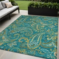 HomeRoots 561468 5 x 8 ft. Teal Paisley Washable Non Skid Indoor Outdoor Rectangle Machine Woven Area Rug