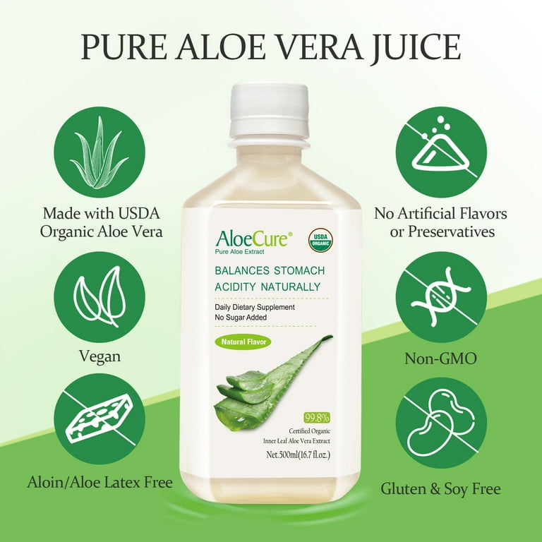 AloeCure USDA Organic Aloe Vera Juice Natural Flavor, Made Within 12 Hrs of  Harvest - Pure Aloe Juice Natural Acid Buffer Supports Digestion, Immune ...