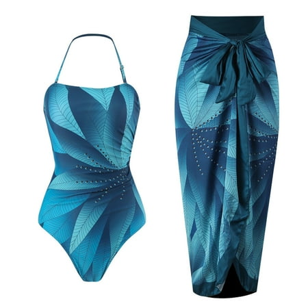SKSloeg High Waisted Bikini Sets for Women Women s One Piece Swimsuit with Cover Up Beach Skirt Sarong Two Piece Floral Printed Sexy Monokini Swimsuit Bathing Suit Blue S