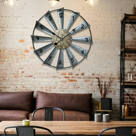 Unique Windmill Metal Wall Clock - Silent Sweep Movement, Rustic Industrial Style Home Decor for Living Room, Bedroom & Foyer