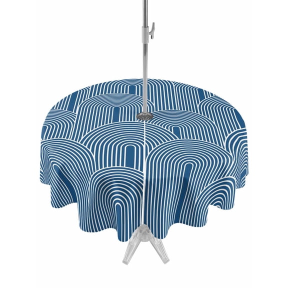 Outdoor Tablecloths with Umbrella Hole & Zipper, Navy Blue Ombre Round Tablecloths 60 Inch, Farmhouse Stripes Modern Abstract Art Waterproof Table Cloth, Patio/Pool/Picnic Table Covers