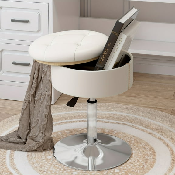 ACEQLYT Vanity Stool Vanity Chair with Storage, Makeup Chair for Vanity, Faux Leather Vanity Stool Chair for Makeup Room Bedroom, Adjustable Swivel Round Ottoman