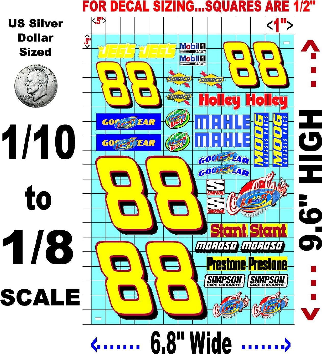 Clear Vinyl Sticker Variety Sheet #88's-1/10th - 1/8th Scale Large 6.8" x 9.2"h Vinyl R/C Model Decal Sticker Sheet Radio Control Lexan Body