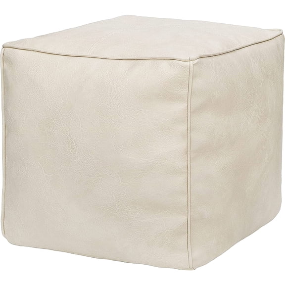 Thgonwid Cube Vegan Leather Contemporary Ivory White Pouf, 16.5" x 15.7"