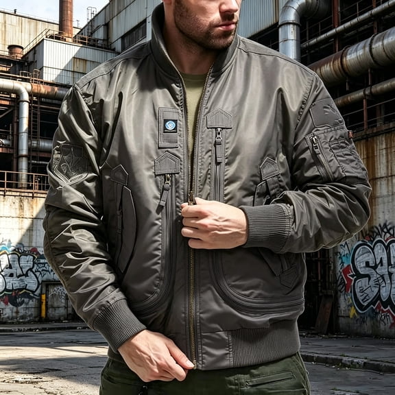 Yuaguia Men's Baseball Jacket, Tactical Flight Bomber Windbreaker Jacket, Stand Collar Outerwear, Military Style Casual Spring Coat for Outdoor Sports, Hiking, and Everyday Wear, Gray 3XL