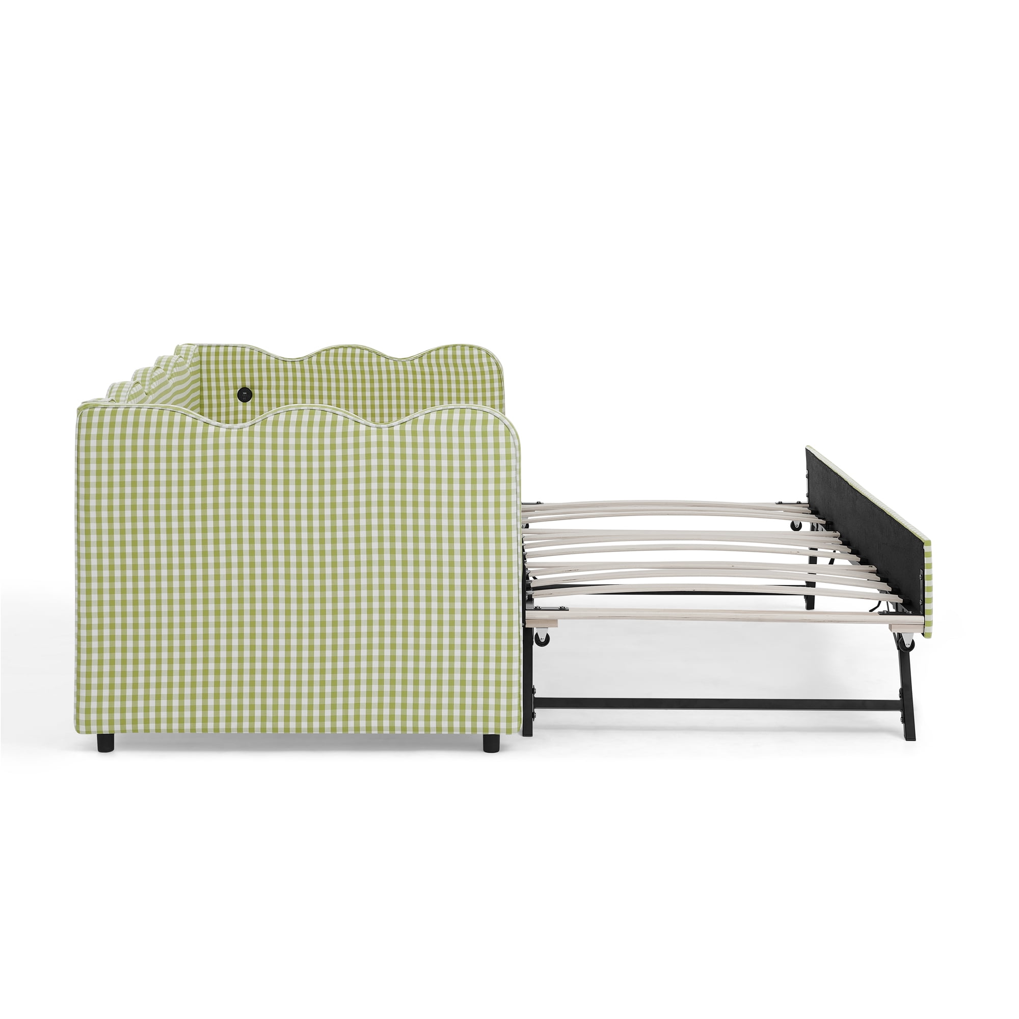 GARITIN Twin Size Daybed with Trundle, Gingham Sofa Bed with USB Port and Wavy Shape Headboard for Kids Room, Green
