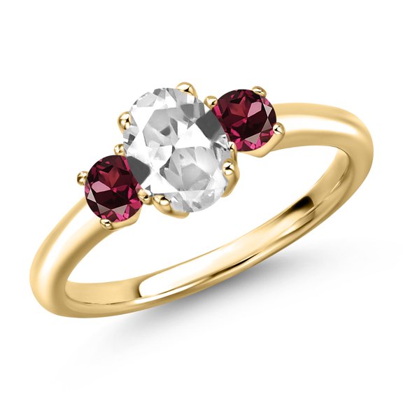 Gem Stone King 10K Yellow Gold White Created Sapphire and Red Rhodolite Garnet Engagement Ring for Women | 1.44 Cttw | Oval 7X5MM | Gemstone September Birthstone | Size 6