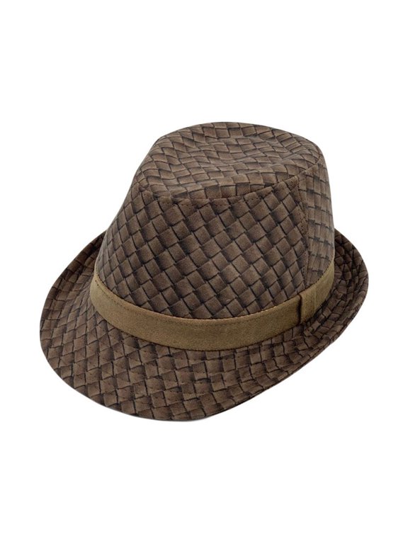 Criss-Cross Pattern Fedora Hat Classic Trilby Short Brim Cap LD61543 (Brown)