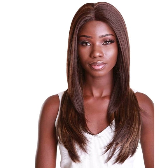LUXLUXE Kiya Straight 22 Inch Long 4X4 Hand-Tied Lace Front Wig, Heat Resistant Fiber, Brown with Golden Highlights
