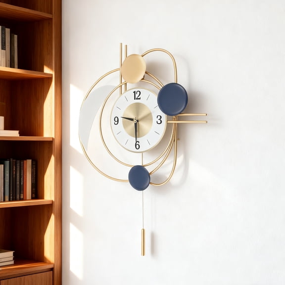 Gold Round Wall Decor Clock Silent Wall Clock Battery Powered Automatic Swing for Living Room Entrance Door