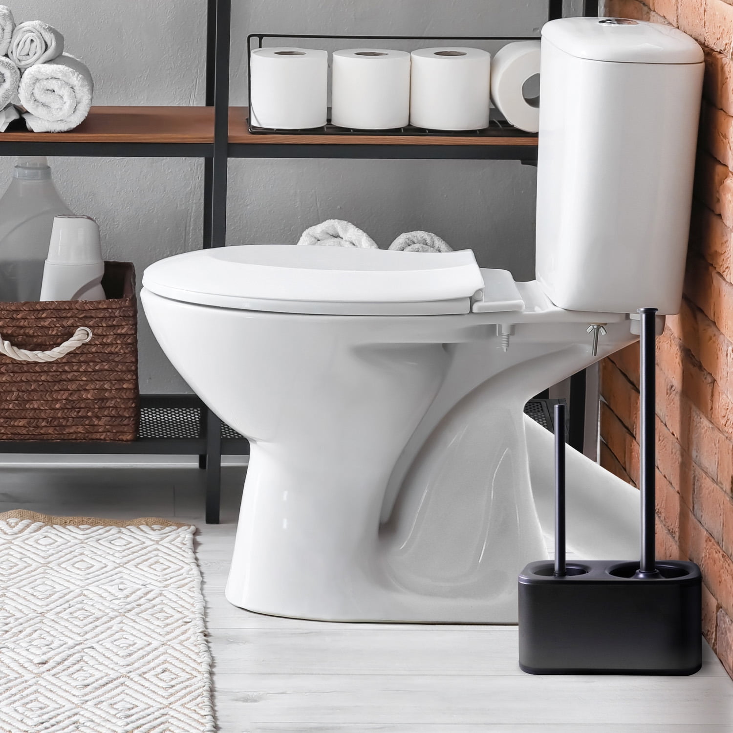 modern sleek toilet bowl brush and Toilet plunger combo - Black