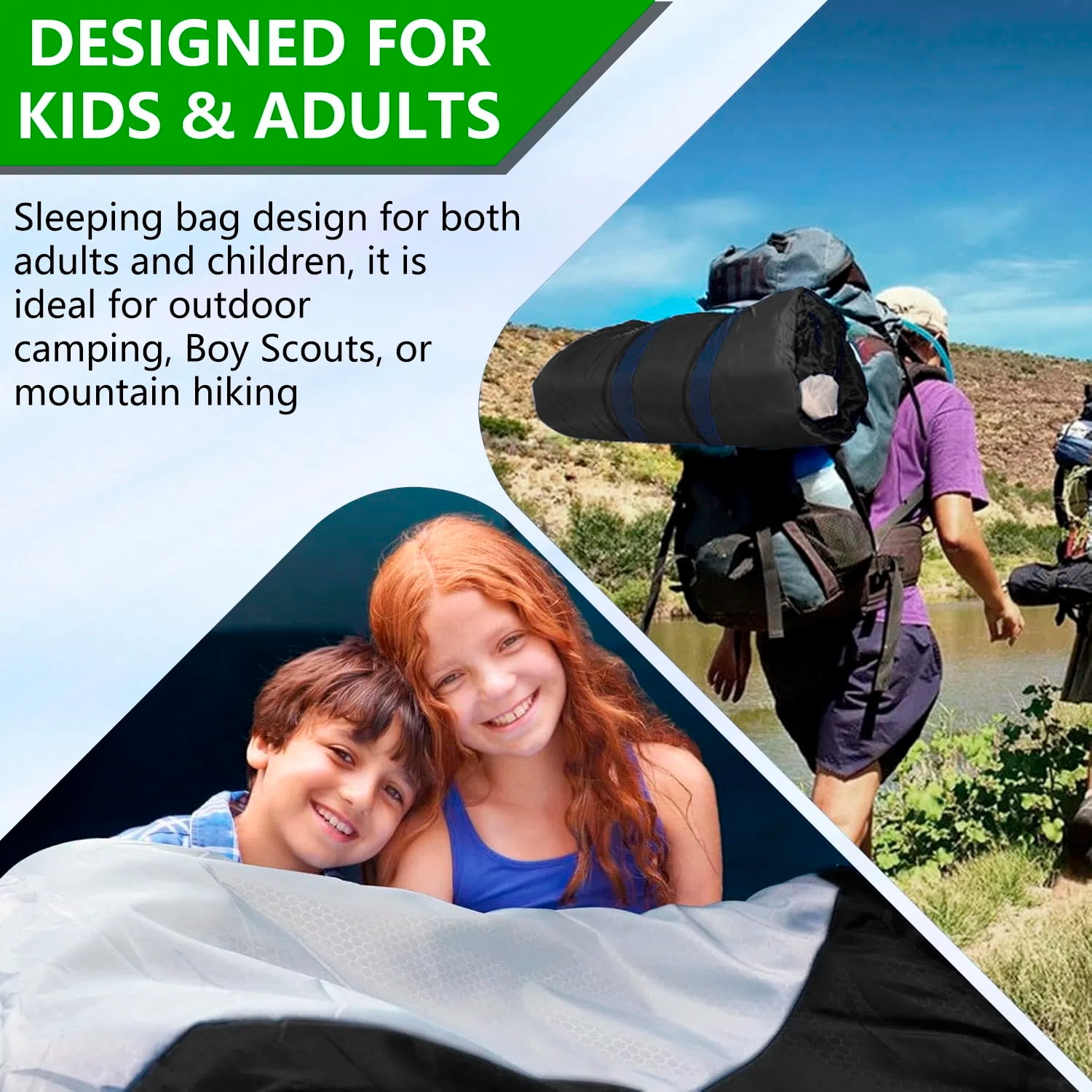 Teblint Camping Sleeping Bag for Adults Kids, Cold Weather Warm Sleeping Bag with Compression Bag for 3 Seasons, Compact Camping Essentials Gear Accessories Hiking Sleep Must Haves-Black