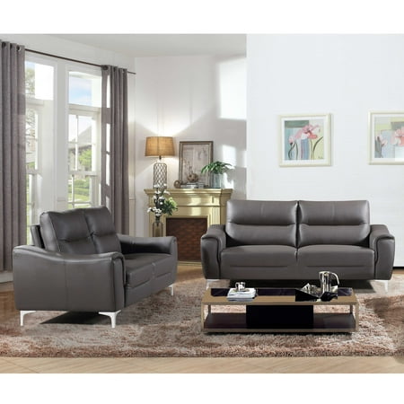 2 Piece Fabric Loveseat - Rachel Collection 2 Piece Modern Leather and Fabric Upholstered Stationary Living Room Sofa and Loveseat , Gray