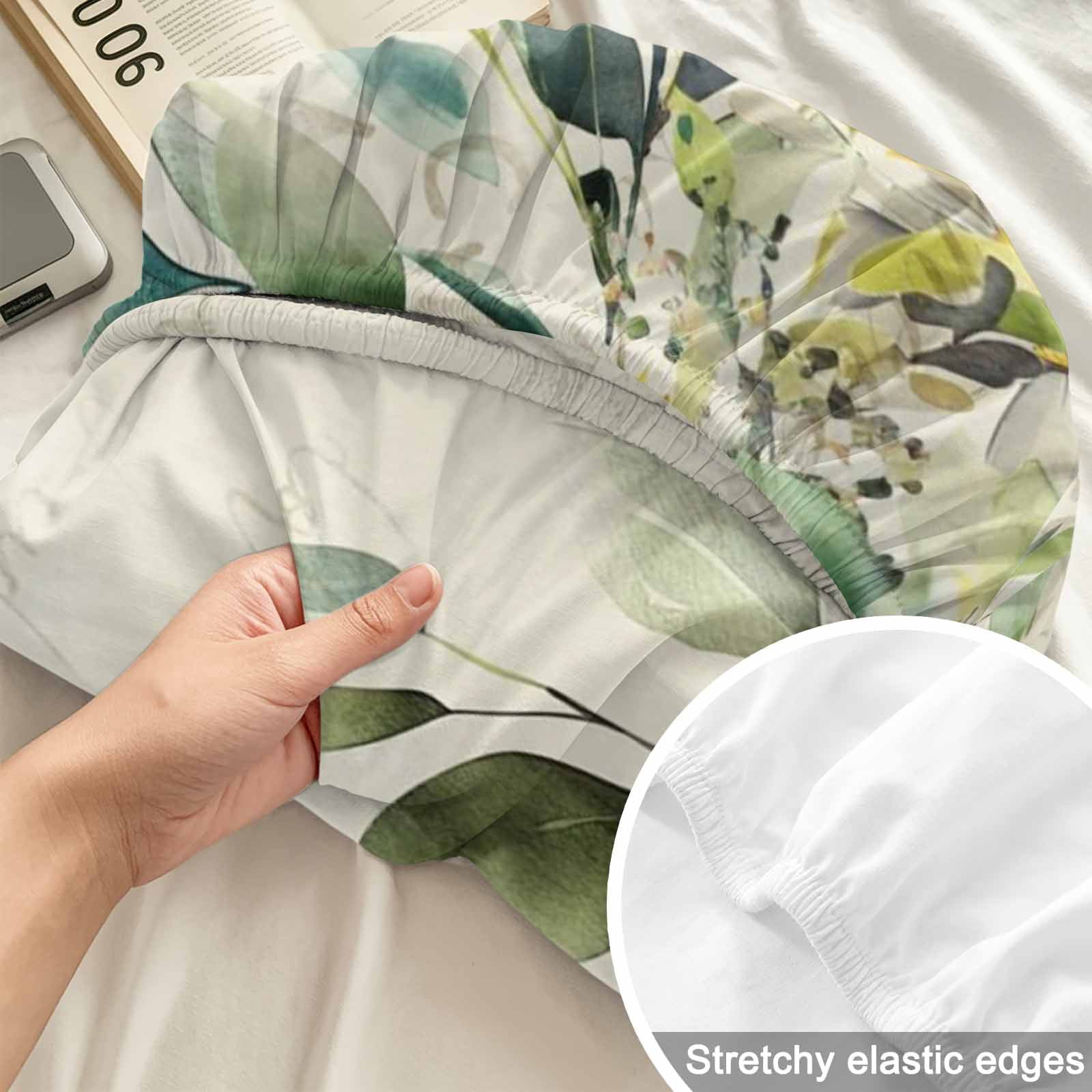 Queen Size Fitted Sheet Set - Green Eucalyptus Leaves 3 Piece Bedding Sets 16" Deep Pocket Fitted Sheet with 2 Pillowcases, Retro Rustic Botanical Floral Brushed Microfiber Hotel Luxury Bed Sheets