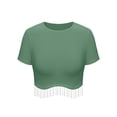 thumbnail image 4 of ZXSXSY Womens Short Sleeve Crew Neck Tassel Trim Wavy Hem Rib Crop Top, 4 of 6