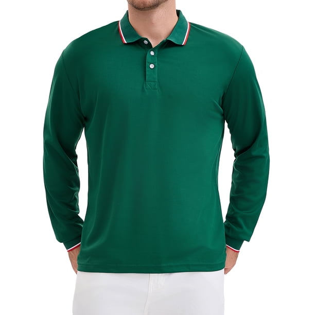 Camisa polo de golf de negocios de manga larga de ajuste regular para hombres, color sólido, verde