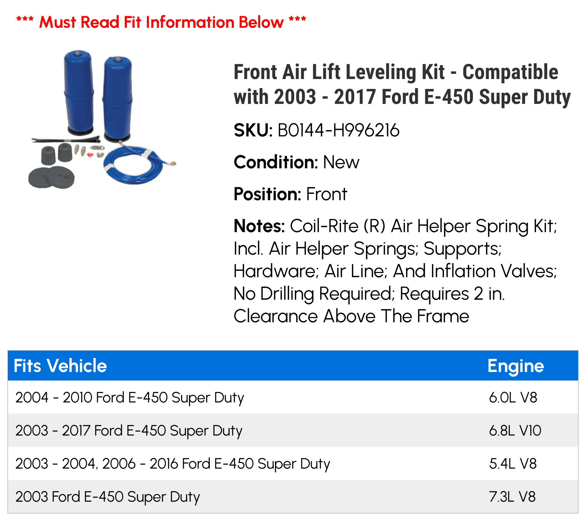 Front Air Lift Leveling Kit - Compatible with 2003 - 2017 Ford E-450 Super Duty 2004 2005 2006 2007 2008 2009 2010 2011 2012 2013 2014 2015 2016