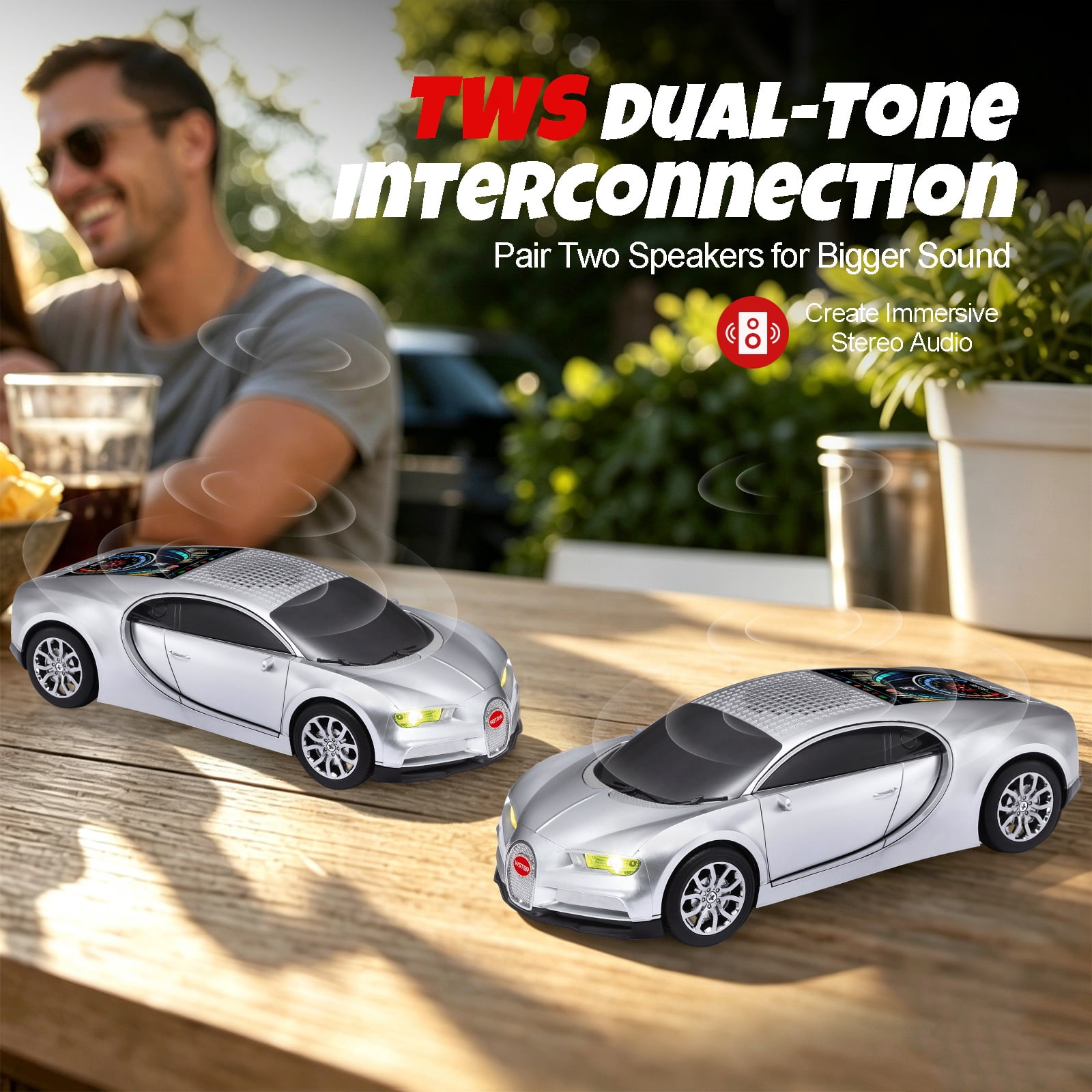 WSTER WS-660 portable Bluetooth speaker is a cool, car-shaped wireless speaker with LED lights, an FM radio, and TF card support.Suitable for desktop decorations/computer use/outdoor use/party use