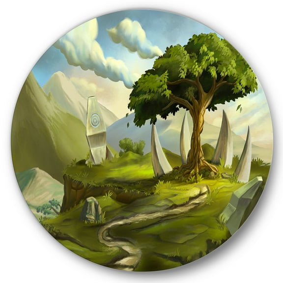 Designart 'Sacred Tree In A Fantasy Green Landscape' Traditional Circle Metal Wall Art 36x36 - Disc of 36