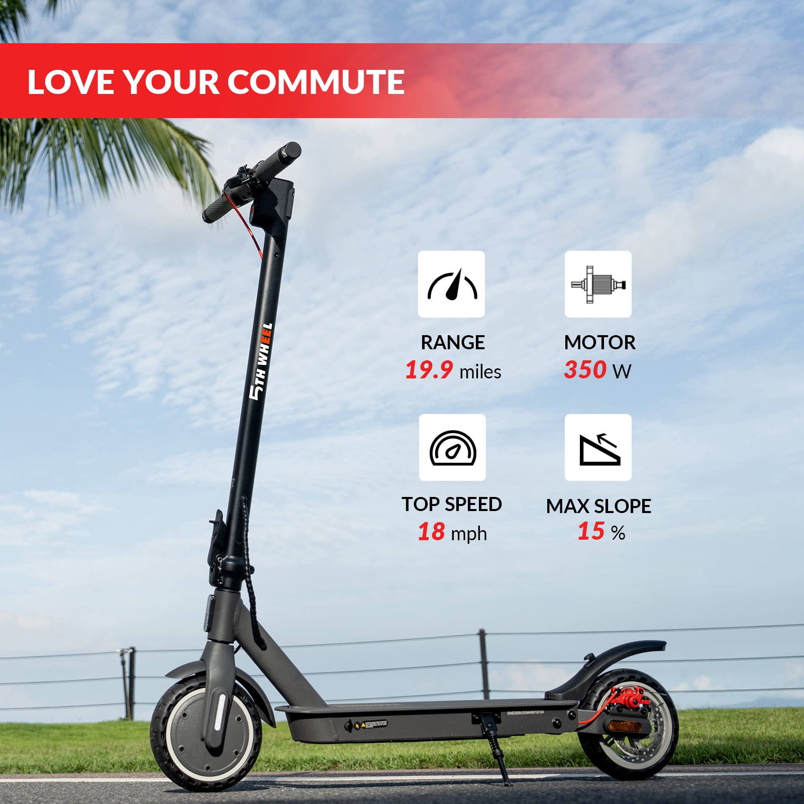 5TH WHEEL W09S 350W Electric Scooter with Turn Signal, 8.5” Solid Tires, 18mph & 20Miles Range, Folding Commuting E-Scooter for Adults with APP Control, Black, UL2272