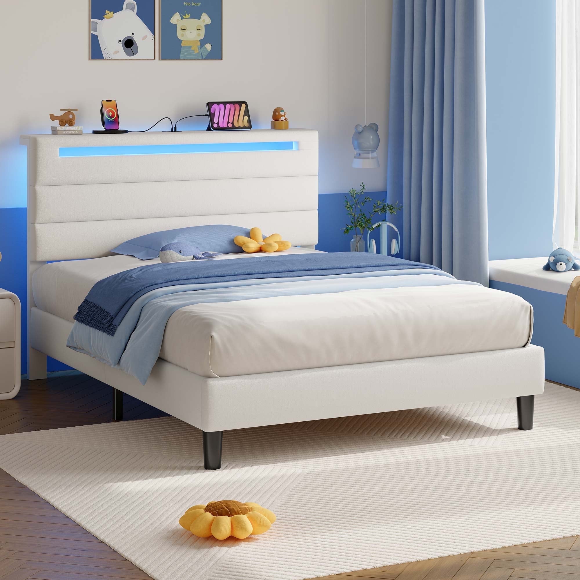 Greenstell Twin Size Bed Frame with Upholstered Storage Headboard and LED Light, Bed Platform with Charging Station, USB Ports, Under-bed Storage, White