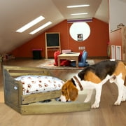 Angle View: Wooden Pet Bed with Feeder - Rustic Brown - Medium