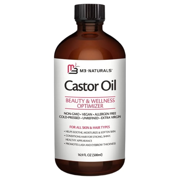 M3 100% Castor Oil Cold Pressed, Hexane-Free, Virgin, Non-GMO, Allergen-Free – Nourishes Skin, Lashes, and Hair, 16.9 oz.