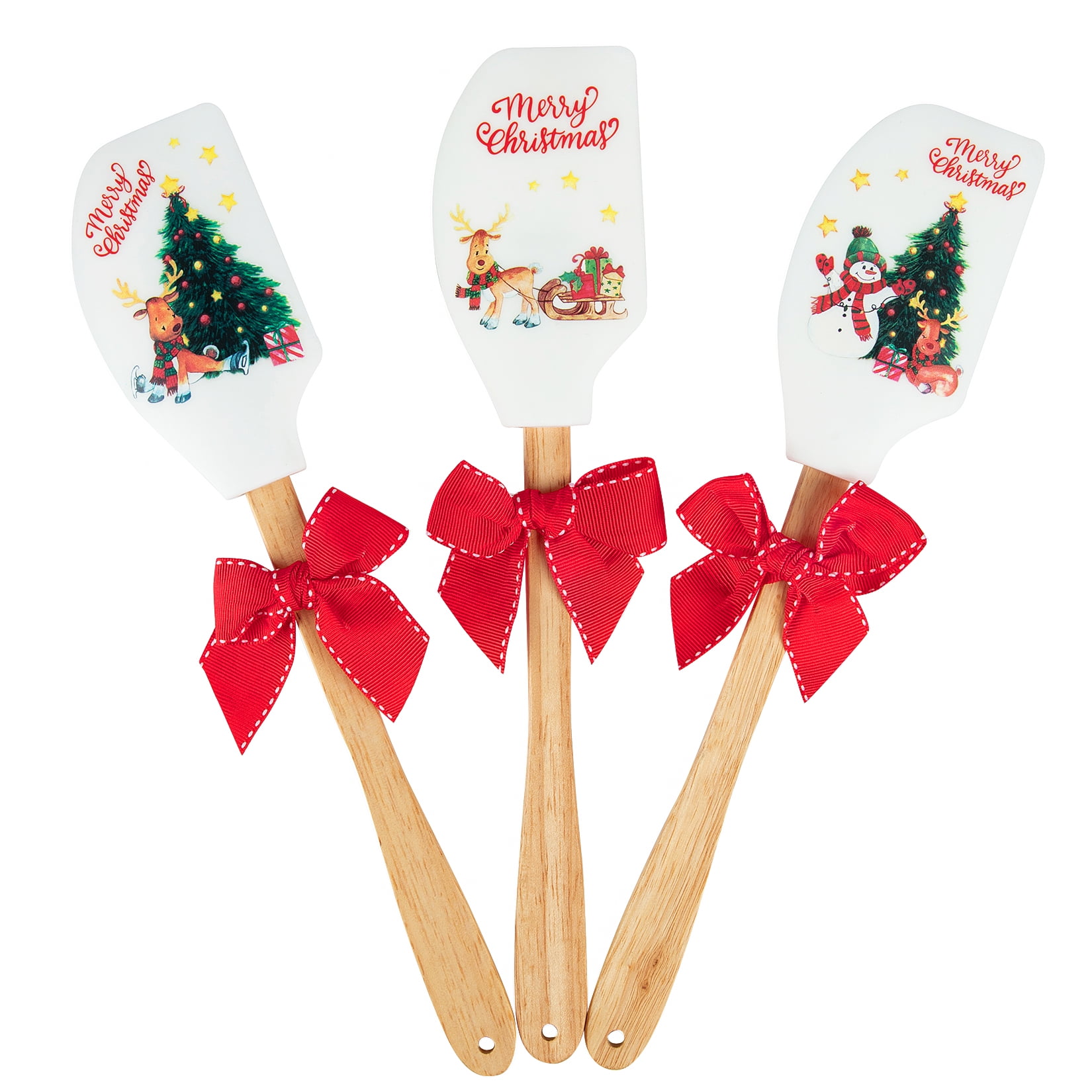 Christmas Silicone Spatulas, 3 Pieces Baking Spatula with Wooden Handle