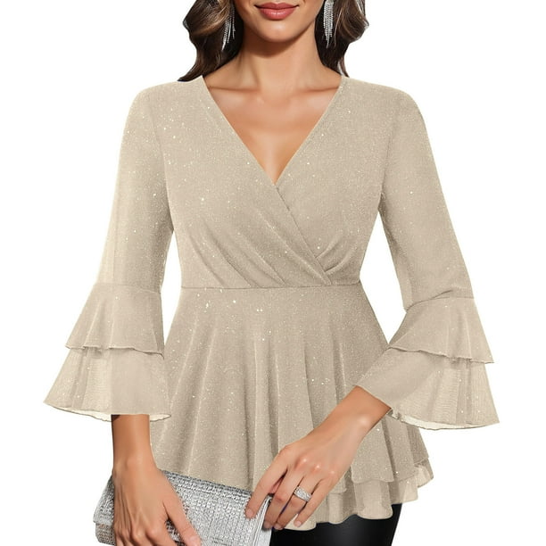 Ounisa Womens Ruffle 3/4 Sleeve V Neck Double Layers Mesh Blouses Loose Fit Flowy Tunic Tops
