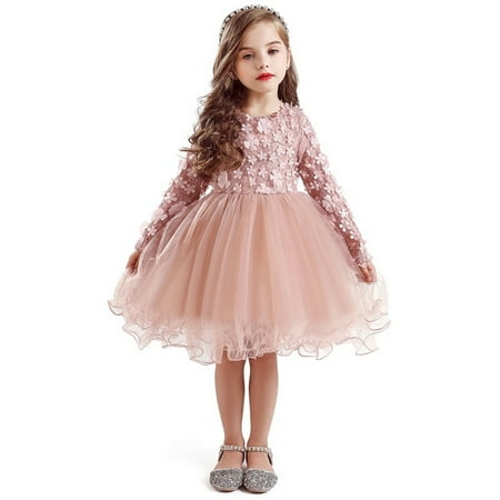 

Girl s Mesh Dress Yarn Stitching Three-dimensional Flowers Petals Round Neck Long Sleeves Skirt for Kids