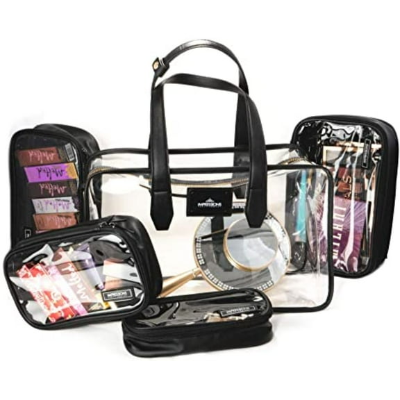 IMPRESSIONS Paris Transparent Makeup Case with Adjustable Shoulder Strap, Cosmetic Travel Case with 4 Different Size Pouches and Waterproof Material