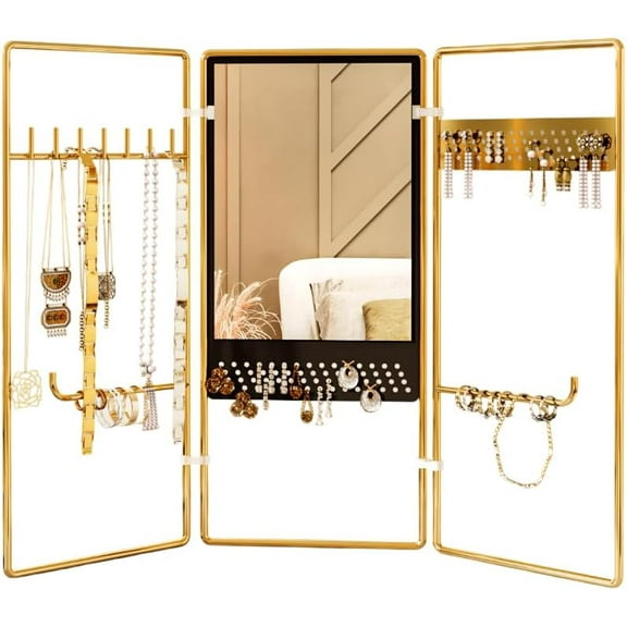 SUSSEXHOME Gold Jewelry Organizer Stand – 3-Piece Foldable Jewelry Holder for Earrings, Necklaces, Bracelets & Rings – Metal Jewelry Display Stand for Women – Minimalist Storage Rack