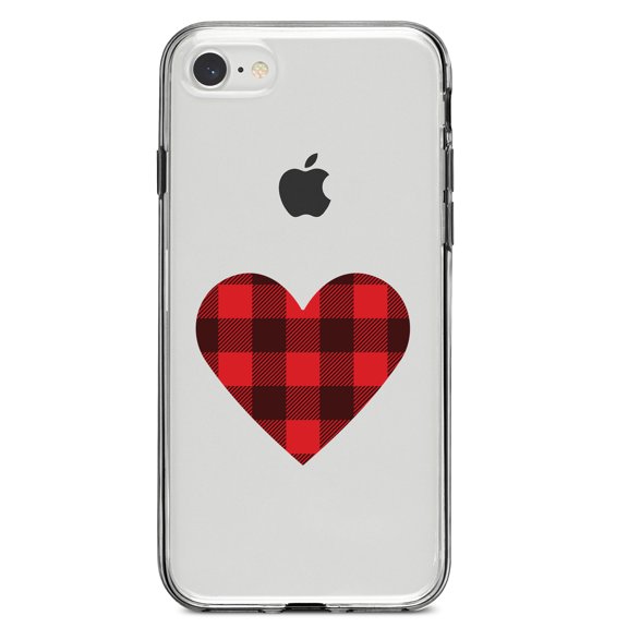 DistinctInk Clear Shockproof Hybrid Case for iPhone 7 8 SE (2020 Model) 4.7" Screen TPU Bumper Acrylic Back Tempered Glass Screen Protector - Buffalo Heart - Red Black Plaid