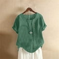 thumbnail image 4 of Conairie Women Linen Shirts Solid Short Sleeve Regular Fit Crew Neck Button Shirt Comfortable Soft Basic Work Tee Vacation Clothes Mint Green M, 4 of 7