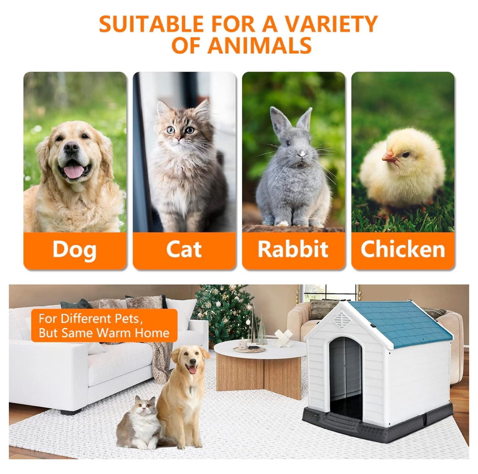 32" H Large Plastic Dog House Indoor Outdoor,Weather & Water Resistant Ventilate Pet Kennel for Small Medium Large Sized Dogs Cats,Puppy Shelter with & Elevated Floor(Blue)