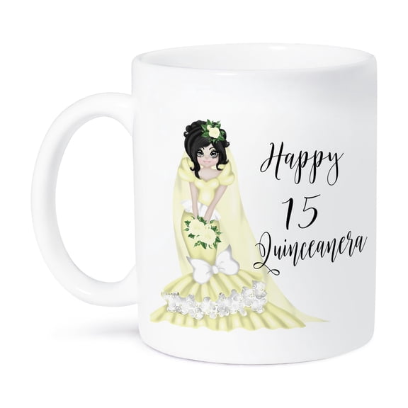 3dRose, Happy Quinceanera Pretty 15 Year Old Girl In A Yellow Gown , 11oz Mug