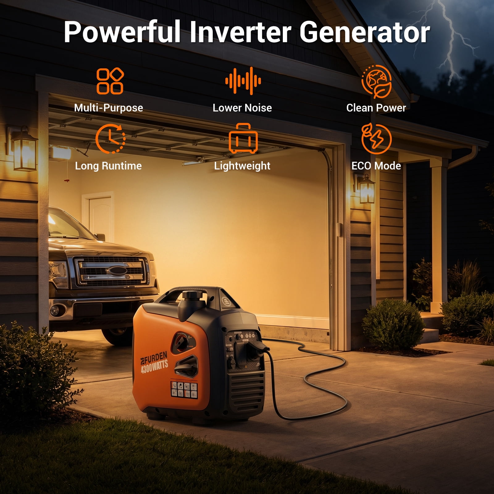 Efurden 4300W Portable Inverter Generator, Gas Generator for Outdoor Camping and Home Backup Use, Super Quiet Low Oil Shutdown, ECO Mode