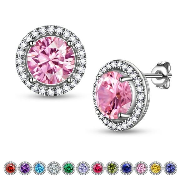 Beautlace Birthstone Stud Earrings,Silver Plated Round Shape Birthstone Earrings Bridal Jewelry Birthday Gifts for Women